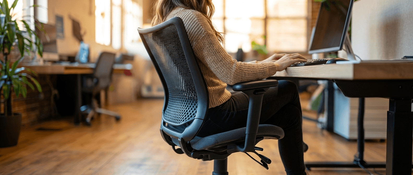 Person sitting in ergonomic chair at desk