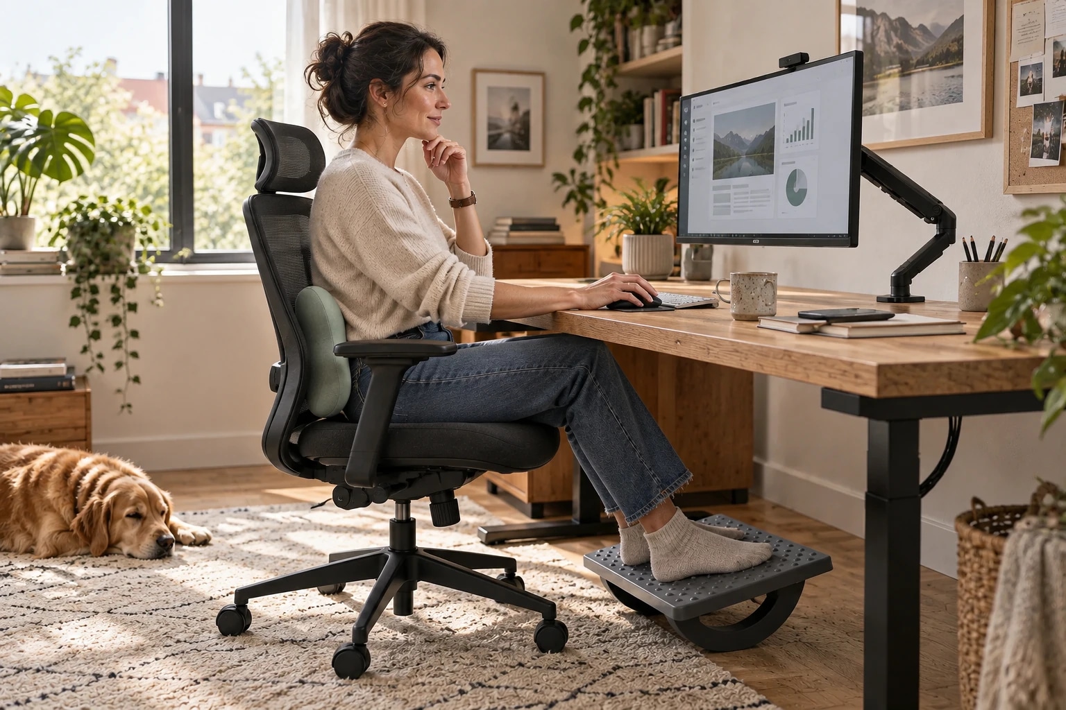 Woman working at an ergonomic home desk with lumbar support, monitor arm and rocking footrest
