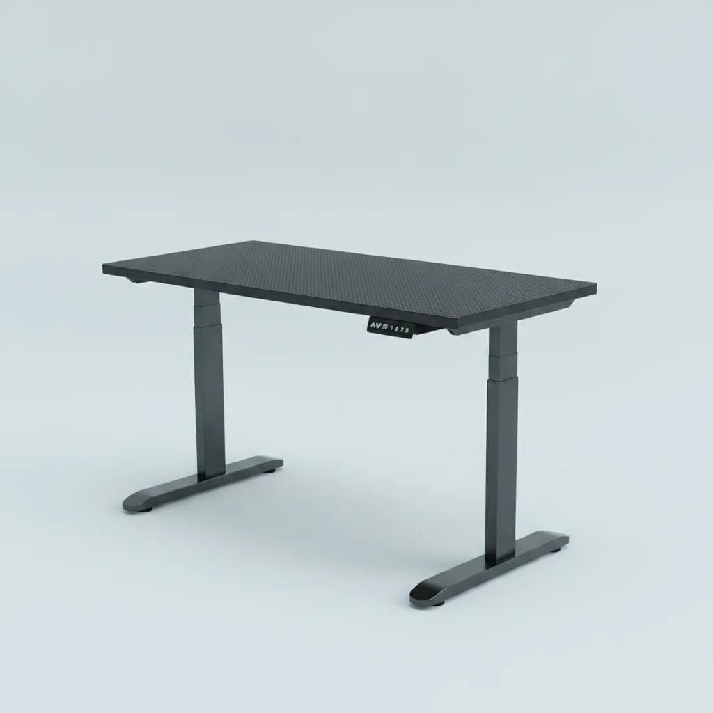Height-adjustable electric standing desk raised to standing position in a bright home office
