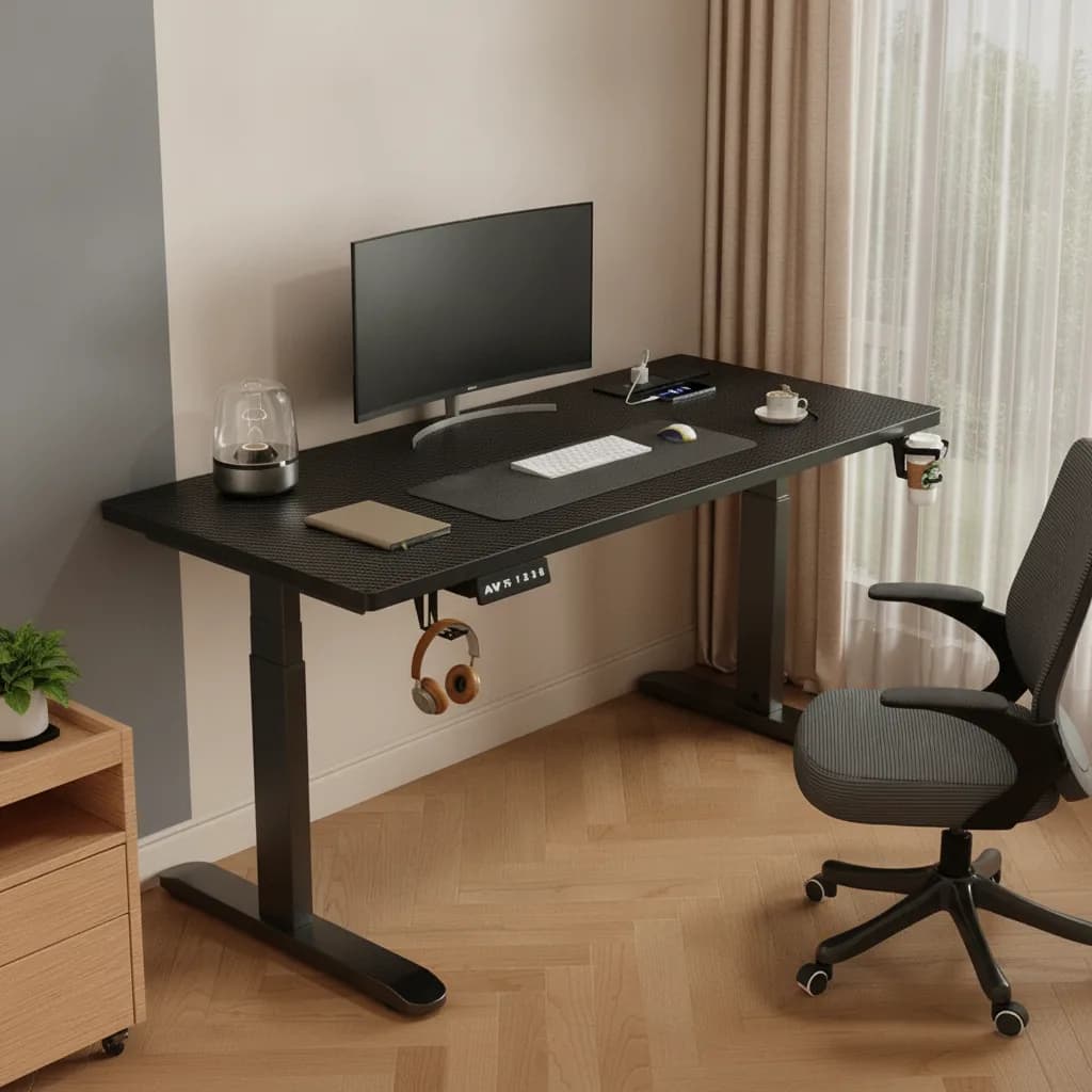 Standing and stretching at a height-adjustable desk during a movement break