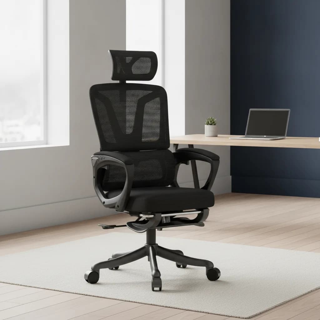 Person working with good posture in a navy ergonomic mesh chair in a bright home office