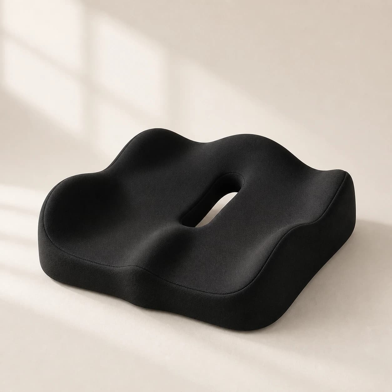 SeatNest Mystery Black memory-foam cushion on a warm studio background