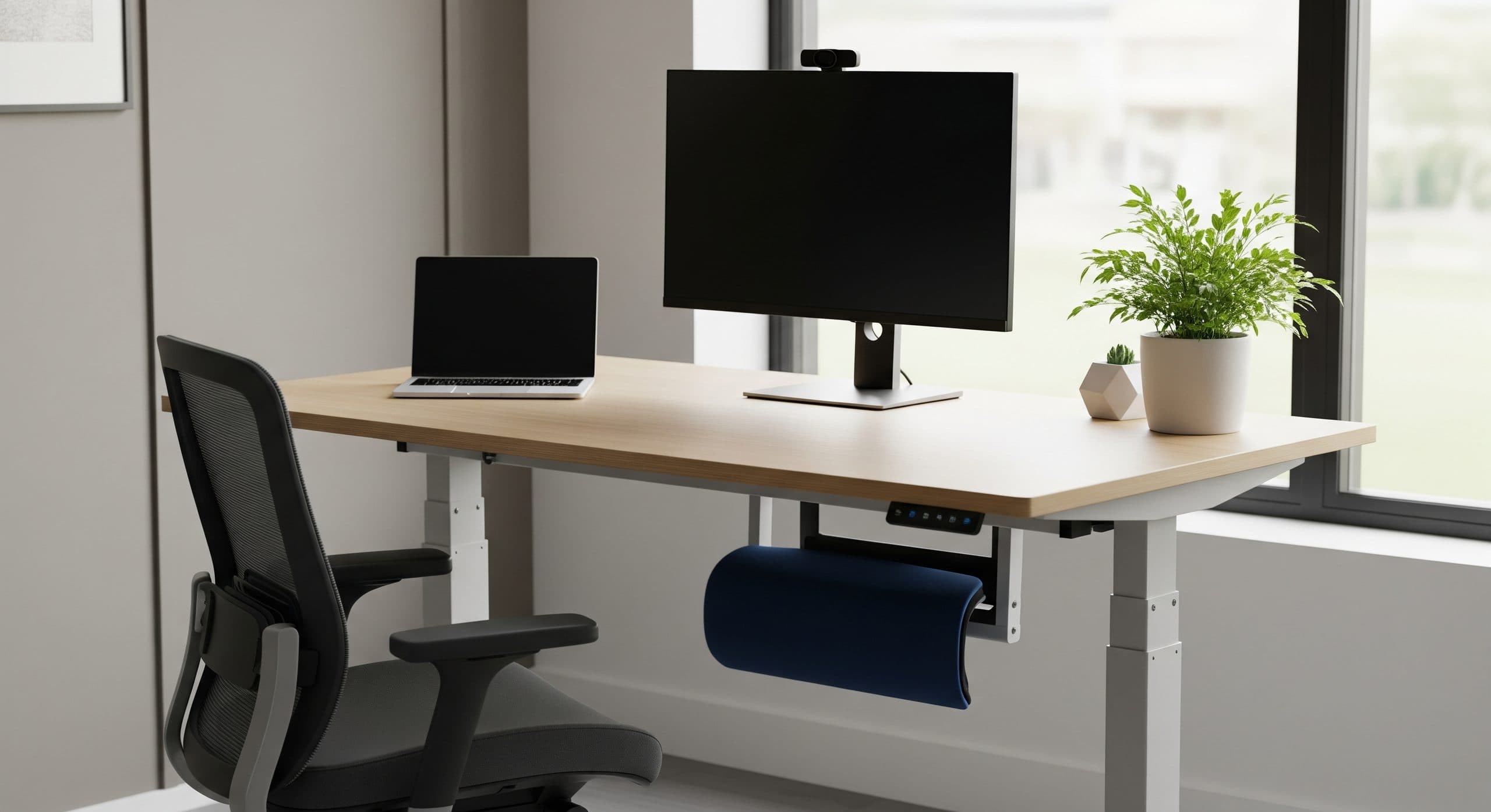 Modern height-adjustable standing desk raised to standing height in a bright minimal home office, with a monitor at eye level, a laptop, and a potted plant, an ergonomic mesh office chair tucked nearby
