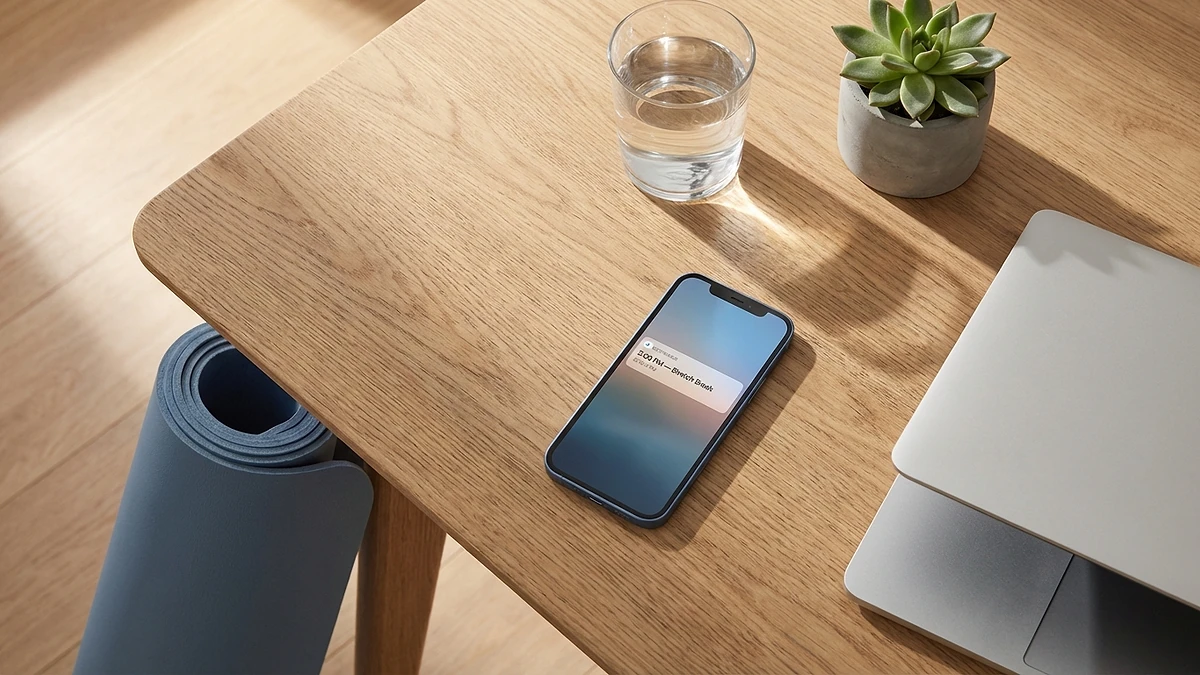 Organized desk with a phone showing a stretch break reminder, water, and yoga mat