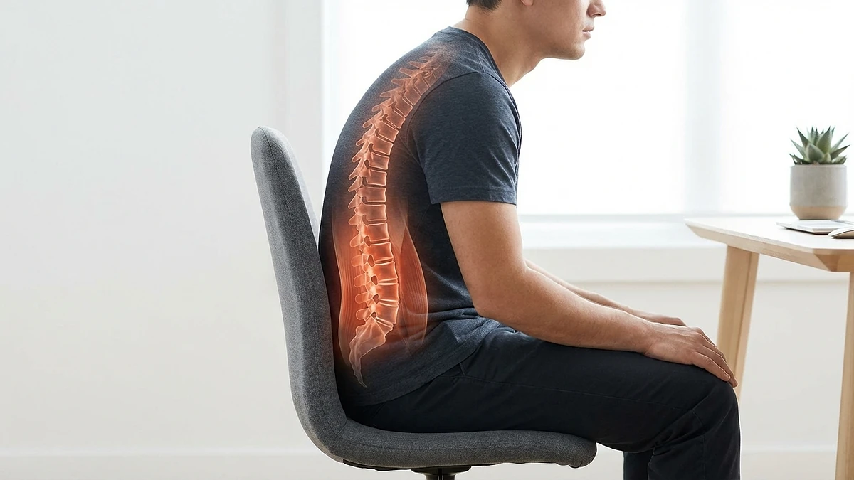 Side view of poor sitting posture with spinal compression zones highlighted