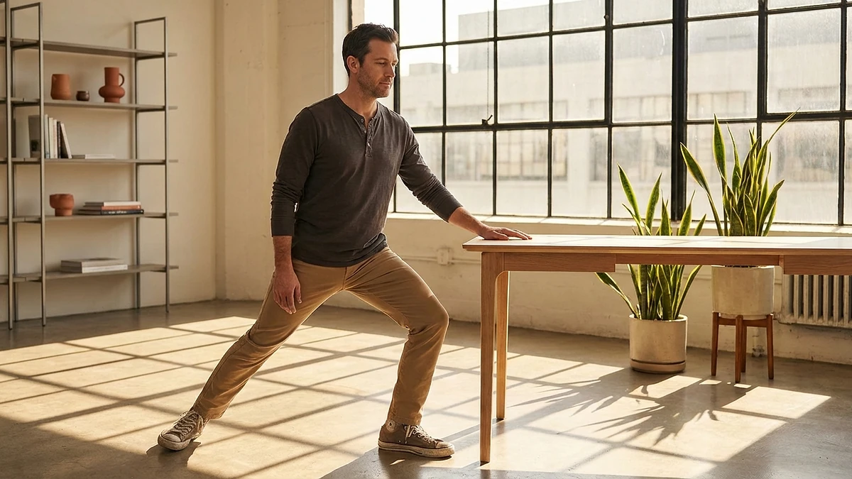 Man performing a standing hip flexor stretch beside his desk in a bright loft