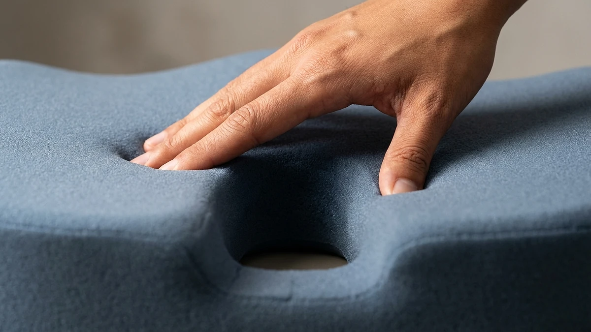 Macro shot of coccyx cutout memory foam cushion showing pressure distribution