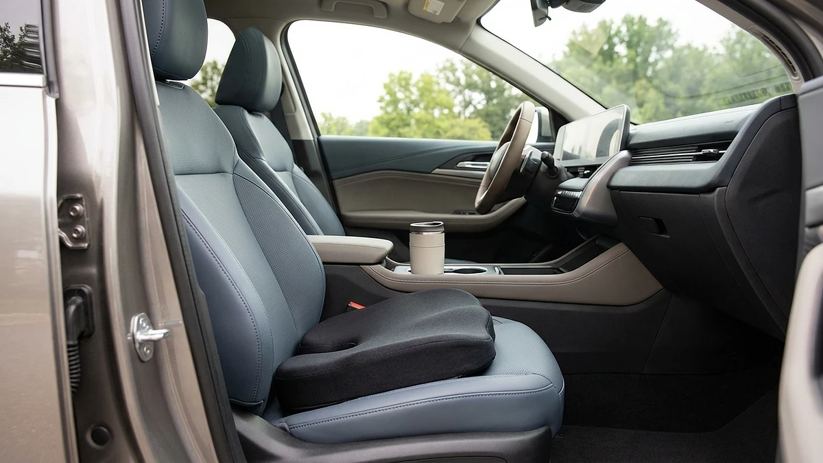 Ergonomic seat cushion placed on a car seat for driving comfort