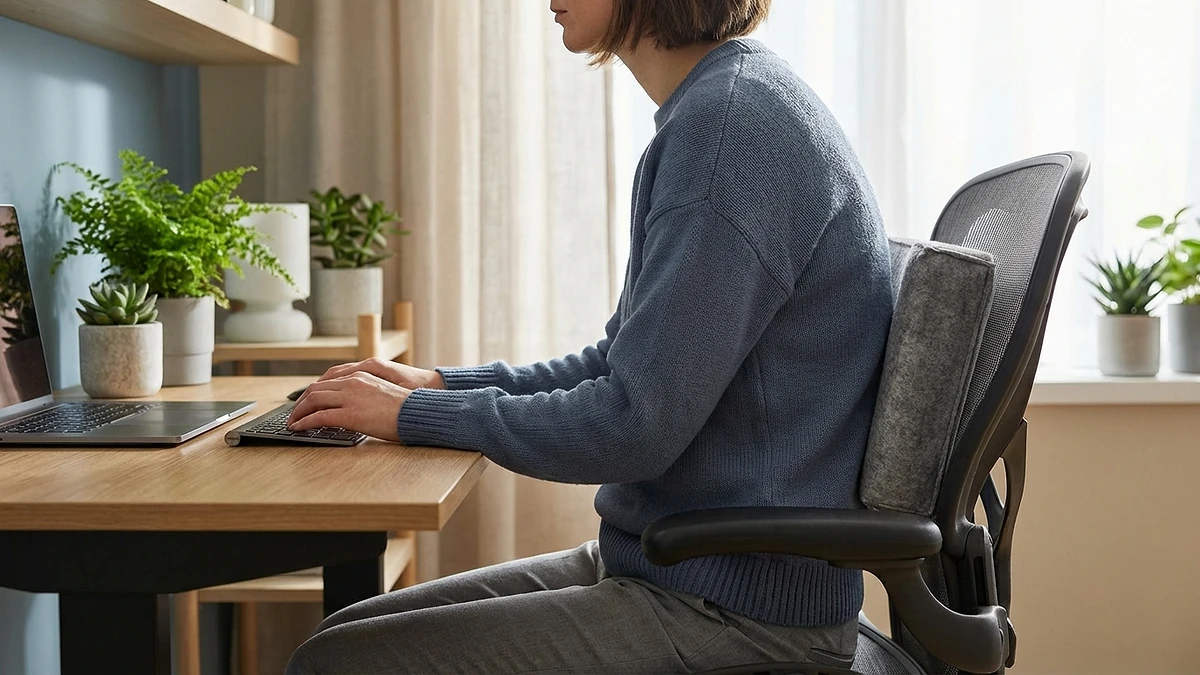 Person with lumbar pillow incorrectly placed too high near shoulder blades