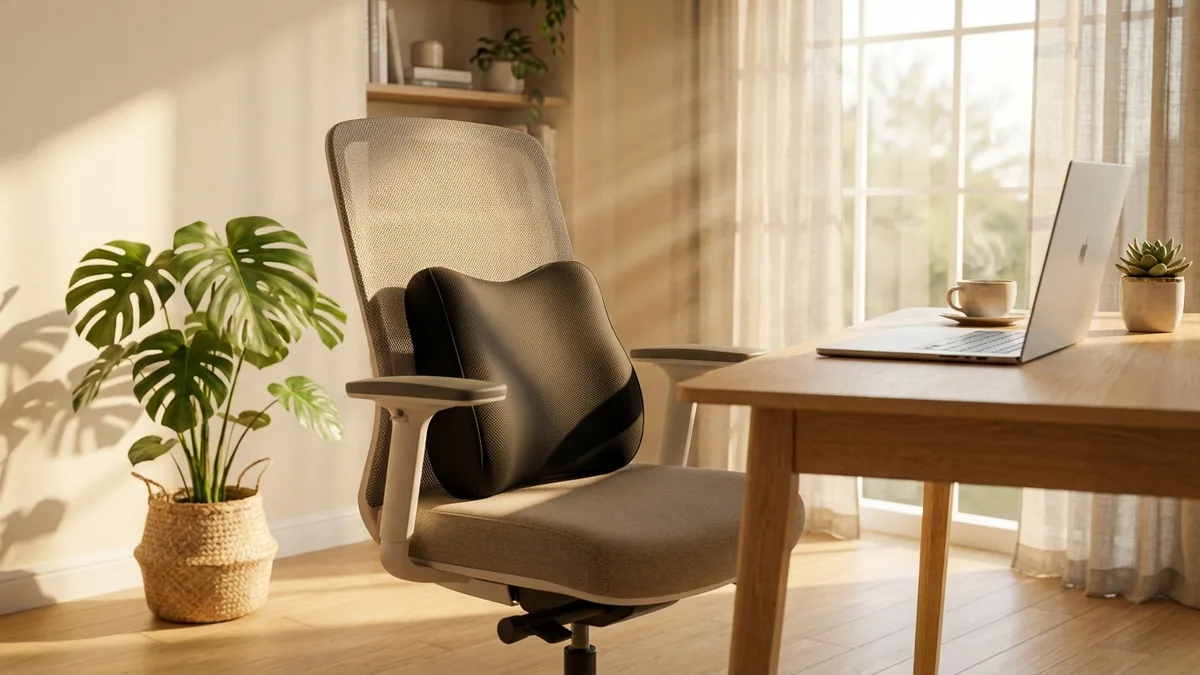 Contoured lumbar support pillow attached to office chair backrest