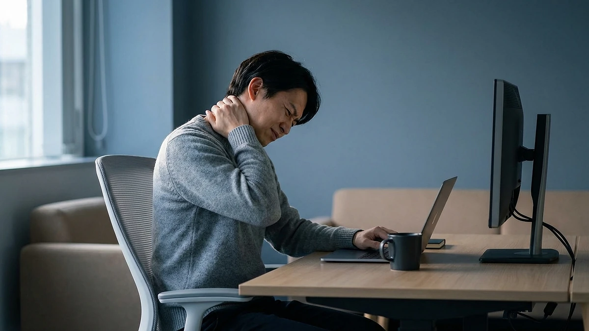 Person at a desk rubbing their neck showing pain from poor monitor positioning