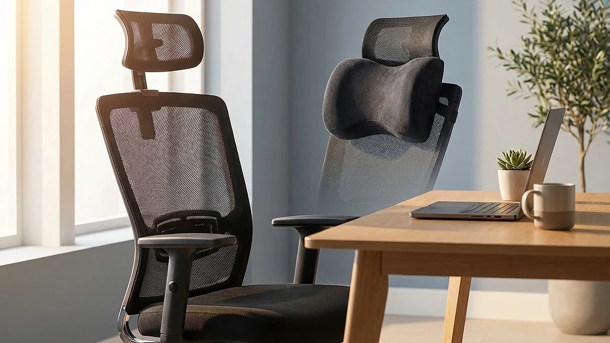 Office chair with a cervical neck pillow attached to the headrest area