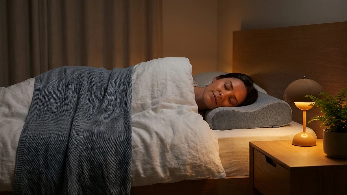 Person sleeping peacefully on a contoured cervical pillow in a cozy bedroom