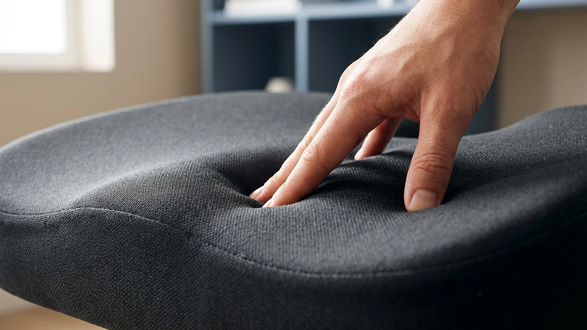Close-up of a contoured memory foam seat cushion showing the ergonomic surface design