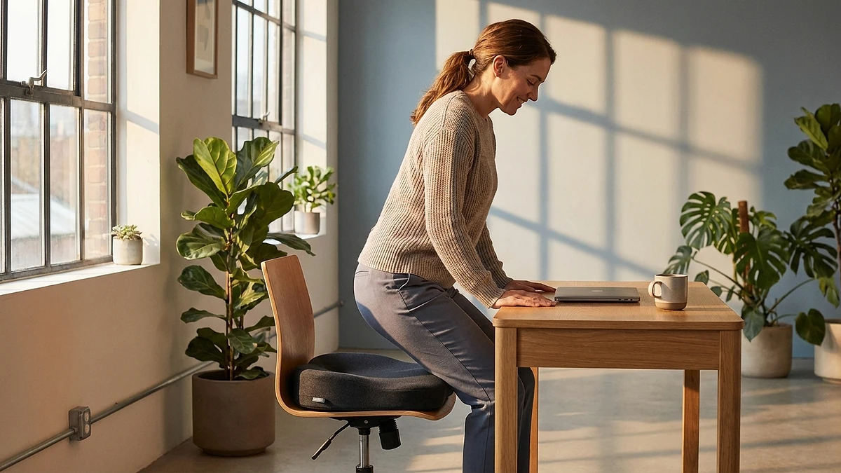 Woman sitting down onto a seat cushion on her office chair for the first time