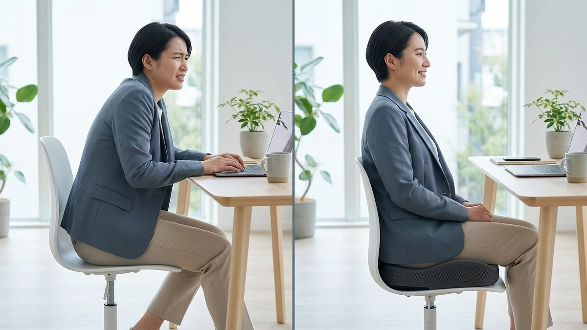 Comparison of sitting on a bare chair versus sitting with an ergonomic seat cushion