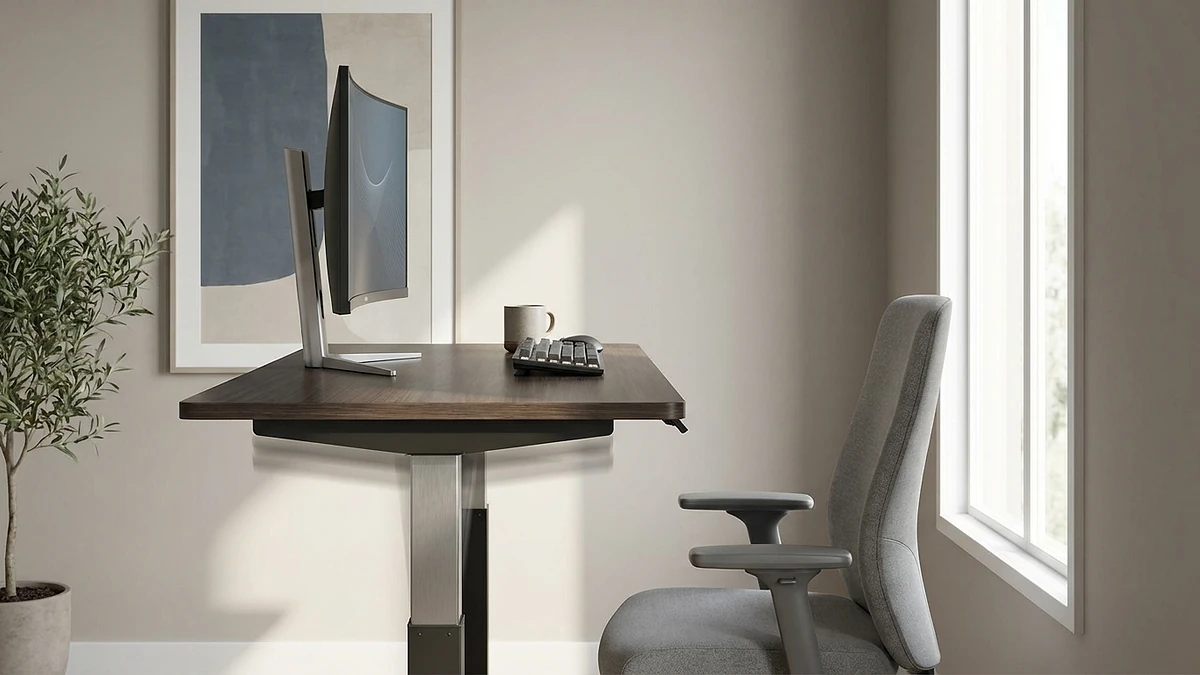 Adjustable sit-stand desk mid-transition between sitting and standing height