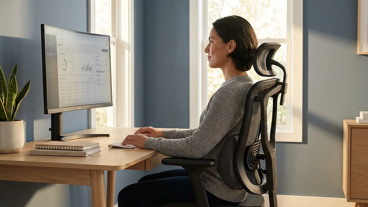 Person sitting in a premium ergonomic chair with perfect posture at a clean desk