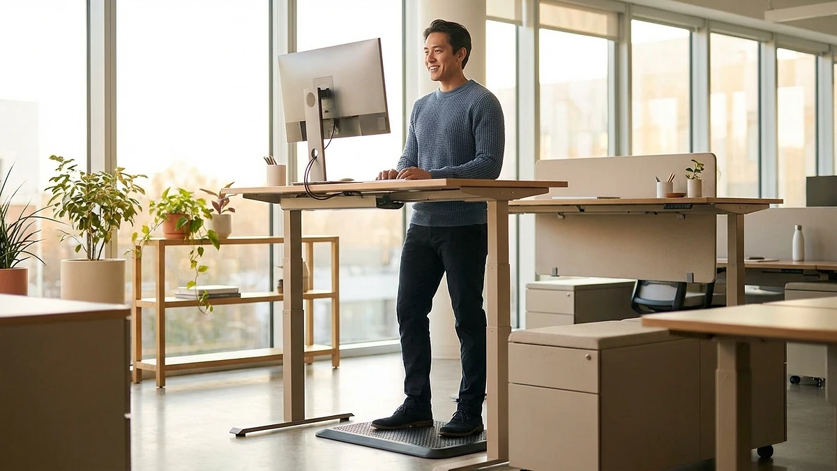Person working at a standing desk on an anti-fatigue mat looking energized