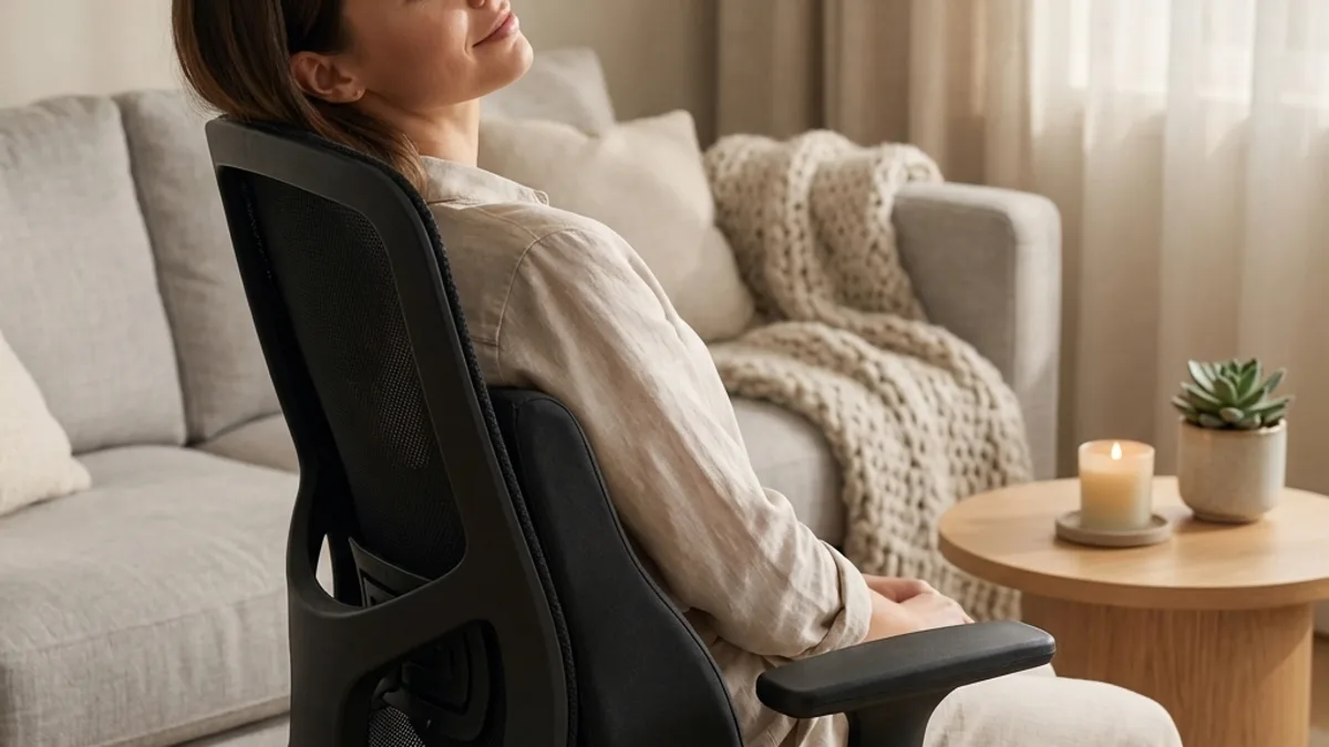 Woman using an ergonomic chair with additional lumbar pillow in a cozy home office