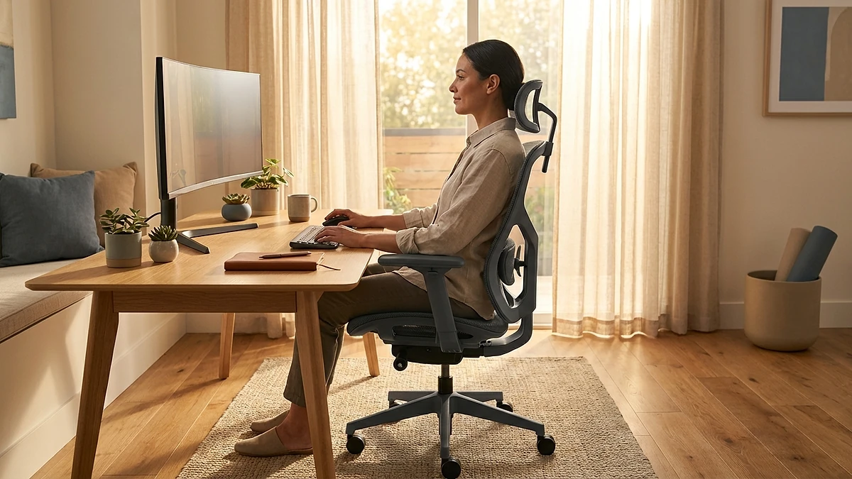 Person sitting with correct posture at an ergonomic desk setup