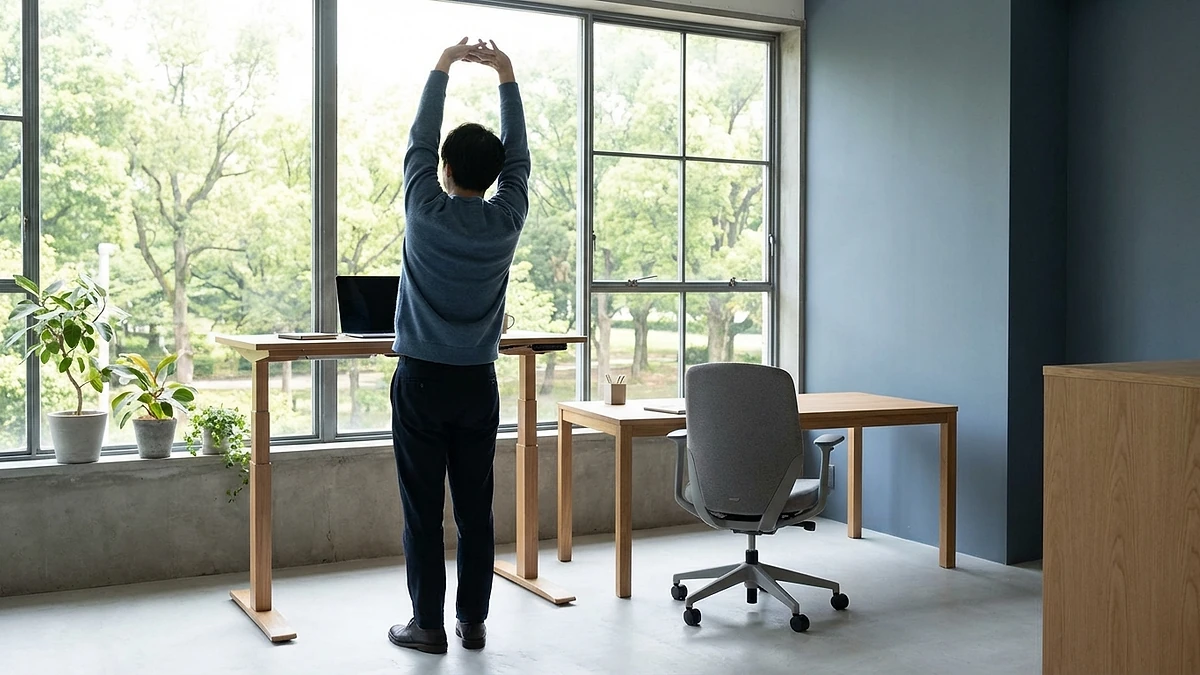 Person stretching at a standing desk looking out a window