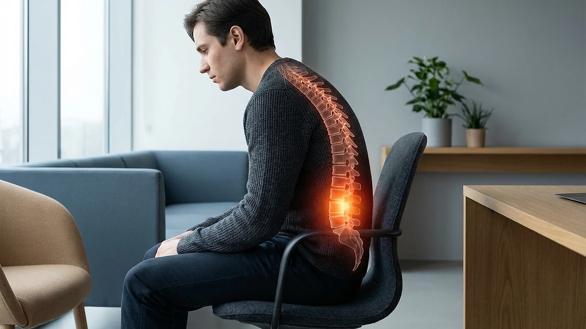 Side view showing poor sitting posture with spinal compression zones highlighted