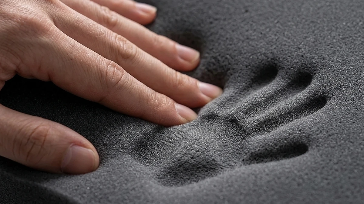 Extreme close-up of a hand pressing into memory foam showing the conforming response