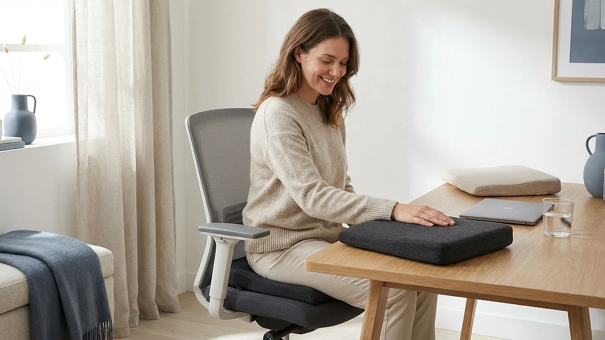 Woman sitting comfortably on her chosen cushion with the compared option beside her